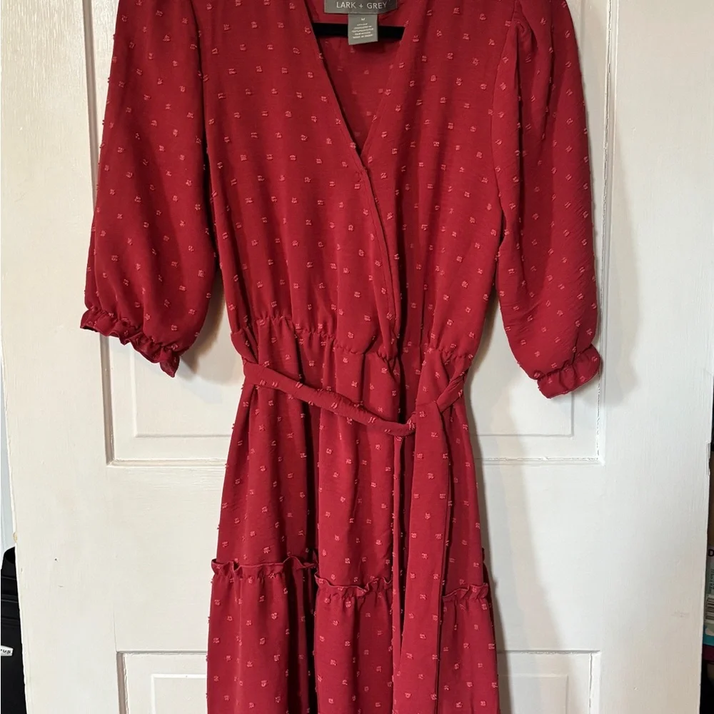 Women’s Midi Wrap Dress with Textured Dot Detail - Burgundy - Picture 2 of 4
